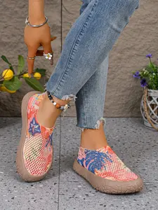 Women's Comfortable Casual Sneakers, Tropical Floral Print, Round Toe, Low Top, Soft Sole, All Seasons, Geometric Design, Medium Width