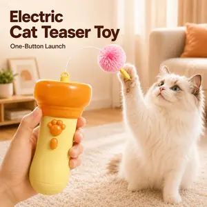 Electric Cat Teaser Toy with One Button Launch, Retractable String Cat Wand Toy with Soft Plush Pom Balls for Indoor Cats