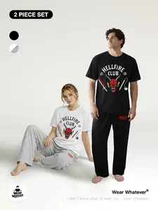 Stranger Things 「2-Piece Set」 Hellfire Club Comfortable Breathable Short Sleeve Long Pants, Casual Fitted Home Wear for Daily Use