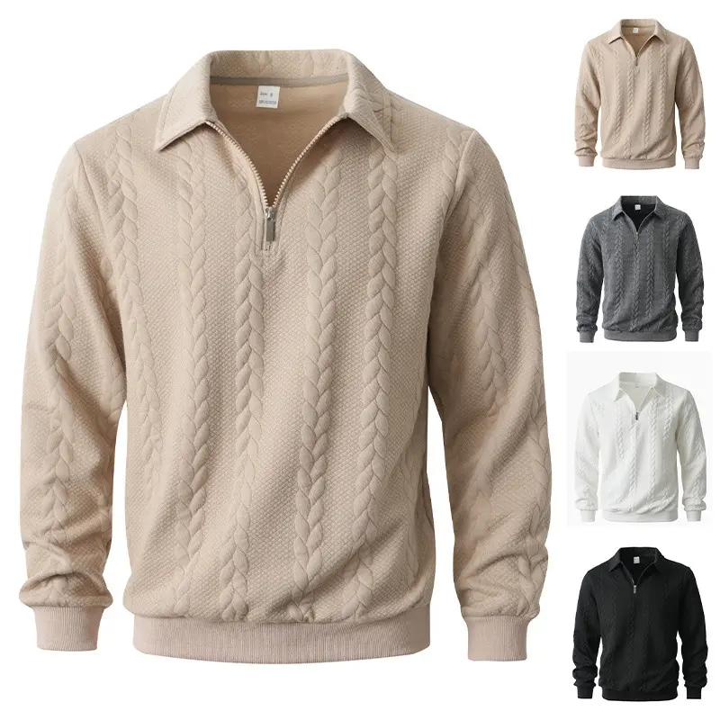 Men's Solid Color Long-Sleeve Cable Knit Polo Sweatshirt Tops, Turn-Down Half-Zip Adjustable Collar, Thick Skin-Friendly Fabric, Stylish Menswear for Autumn-Winter Indoor-Outdoor Casual Layering