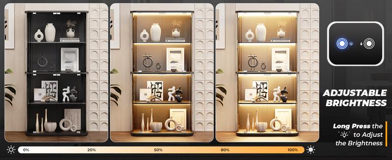 BROTTAR 65" Rounded Display Cabinet with Glass Door, 4-Tier Curio Cabinet with Transparent Full-Display Surface, Glass Display Case with 3 Color Lights for Collectibles, Human Body Sensor, White