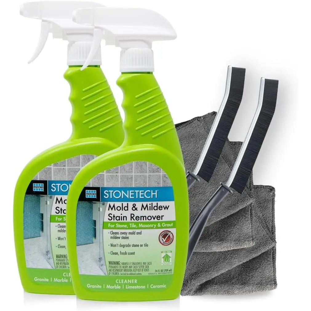 StoneTech Mold and Mildew Stain Remover Cleaning Kit | Kitchen, Patio, Shower, and Bathroom Cleaner for Natural Stone, Tile, and Grout, 2-Pack 24-Ounce Spray with Microfibers and Crevice Brushes