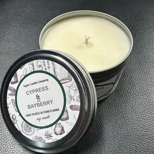 Cypress & Bayerry 8oz Tin Soy Candle with Rich Aromatic Blend for Relaxation and Home Fragrance