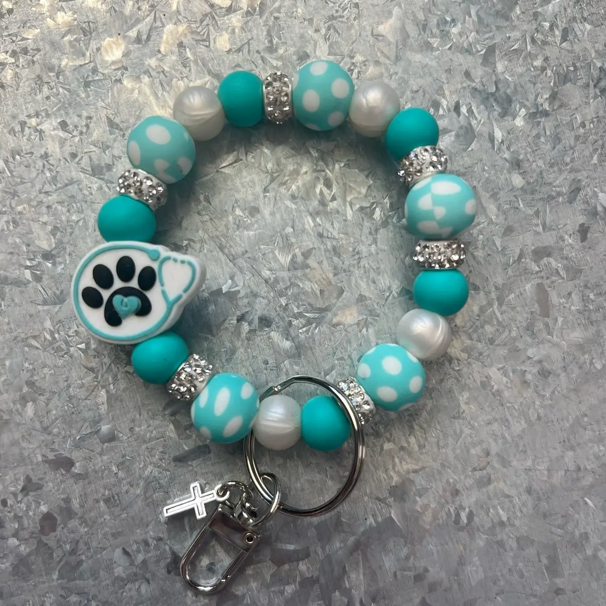Teal paw stethoscope handheld/wristlet keychain with O-ring for easy attachment to bag/purse