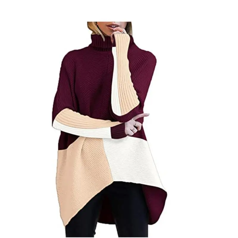 Women's oversized high neck batwing long sleeved casual and comfortable loose knit pullover sweater with waist cinching, autumn set Women's oversized high neck batwing long sleeved casual and comfortable loose knit pullover sweater with waist cinching, autumn set