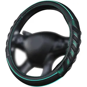 Steering Wheel Cover Faux Leather Massage Universal fit 3D Honeycomb Hole Anti-Slip Sporty 15 Inches (Mint Green Black)