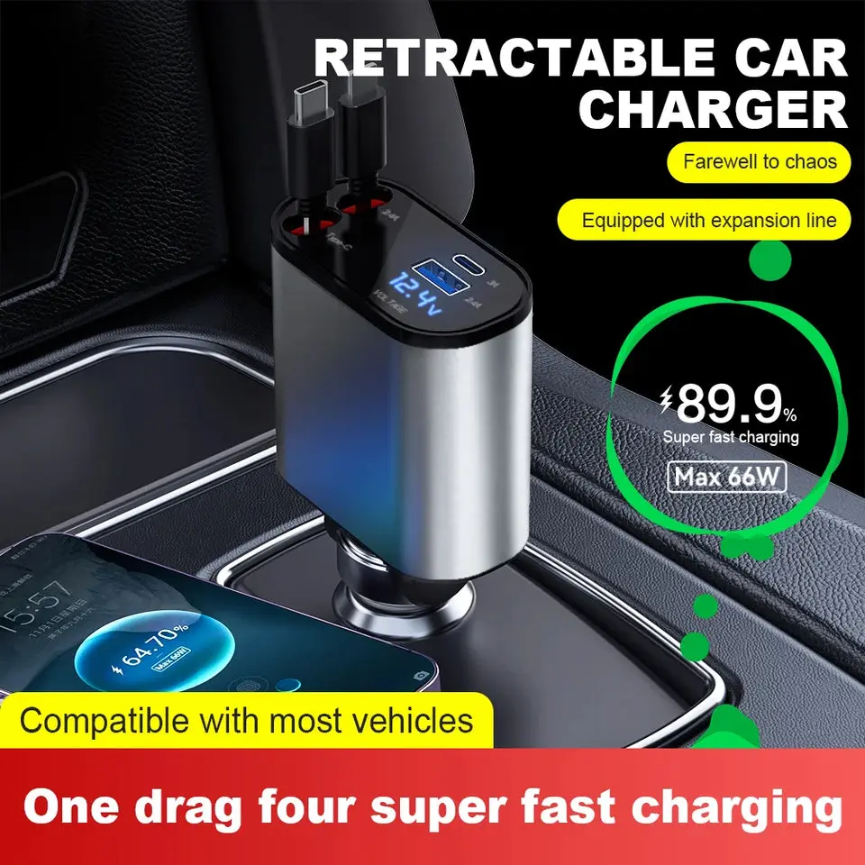 120W 4 in 1 Retractable Fast Car Charger for IPhone and Android {Type C}
