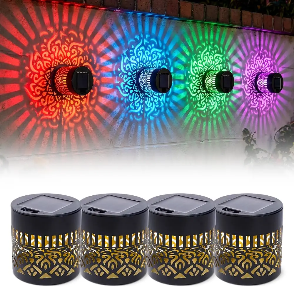 2/4 Packs Solar-Powered Cordless Mandala Projection Lights - RGB Color-Shift Waterproof Metal LED Decorative Lamps for Patios, Decks, Gardens, Outside LED Lights with Mandala Wall Art & Garden Patio Glow Functionality