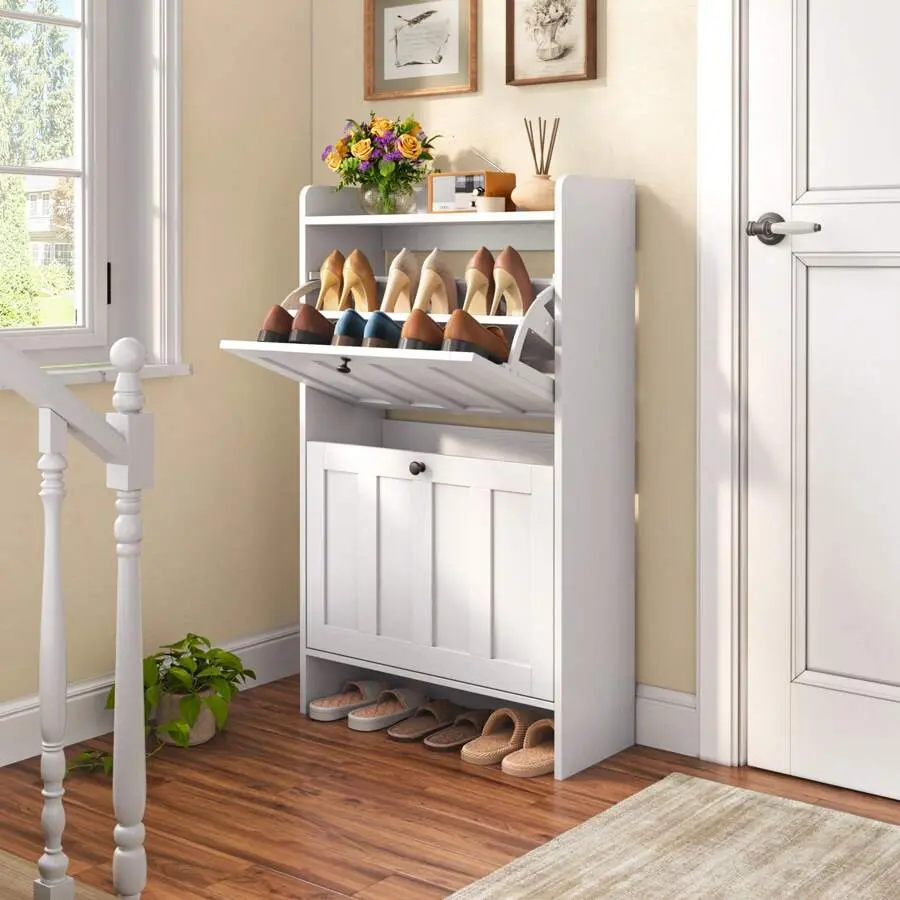 Minimalist Wood Shoe Storage Cabinet - Compartmentalized Organizers, 2-Layer Compartment, 2 Flip Drawers, Anti-Tip Device, Side Hooks, Easy Installation, Space-Saving Floor Standing Hallway Entryway Furniture with Mirrored Shelf, Stable, Anti-Tip Safe, De