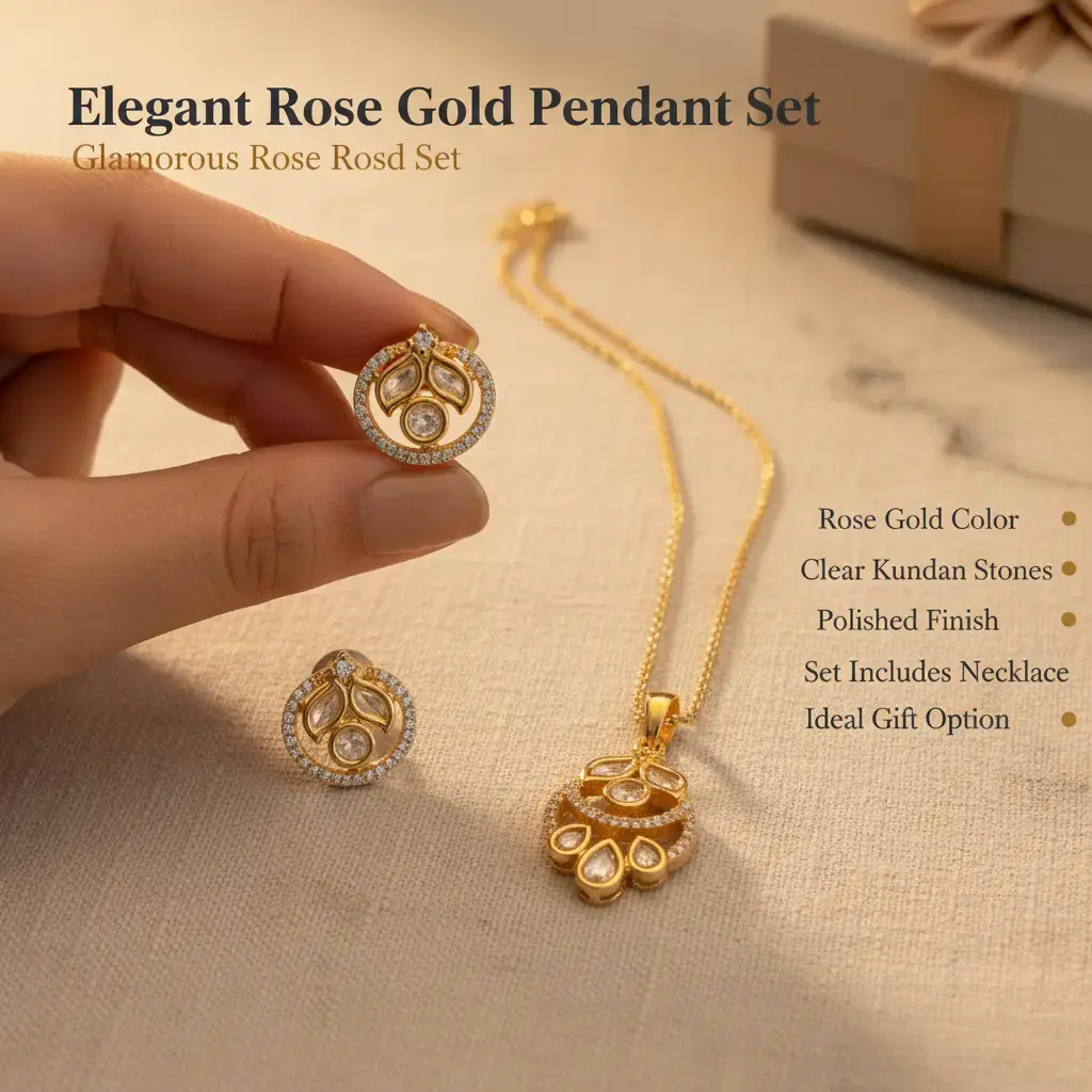 Rose Gold Polish Pendant set with Clear Kundan Stones. Elegant Jewelry for Women