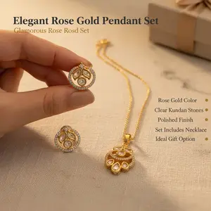 Rose Gold Polish Pendant set with Clear Kundan Stones. Elegant Jewelry for Women