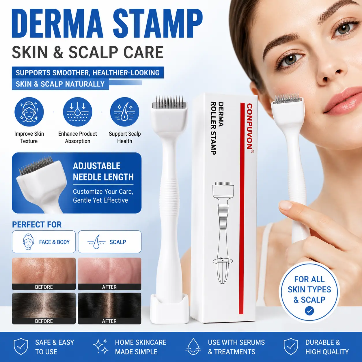 CONPUVON Adjustable Facial Derma Stamp - 0.25mm 100-Pin Premium Stainless Steel Microneedle Tool, Anti-Slip Ergonomic Handle, Protective Cover, Skin Rejuvenation for Normal Skin, Personal Use