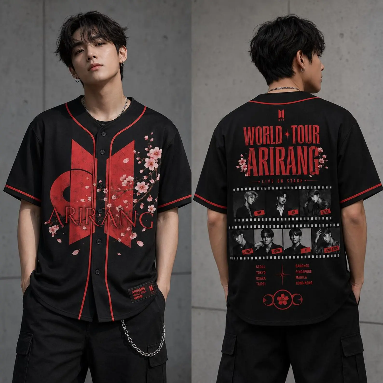 Bangtan Tour Baseball Jersey, Y2K Kpop Fan Gift, Concert Outfit, Cyber Pop Button Up Fan Shirt