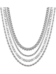 4PCS Silver Chains for Men Stainless Steel Necklace for Men Women Boys Cuban Rope Figaro Box Chain Mens Necklace Cuban Link Chain