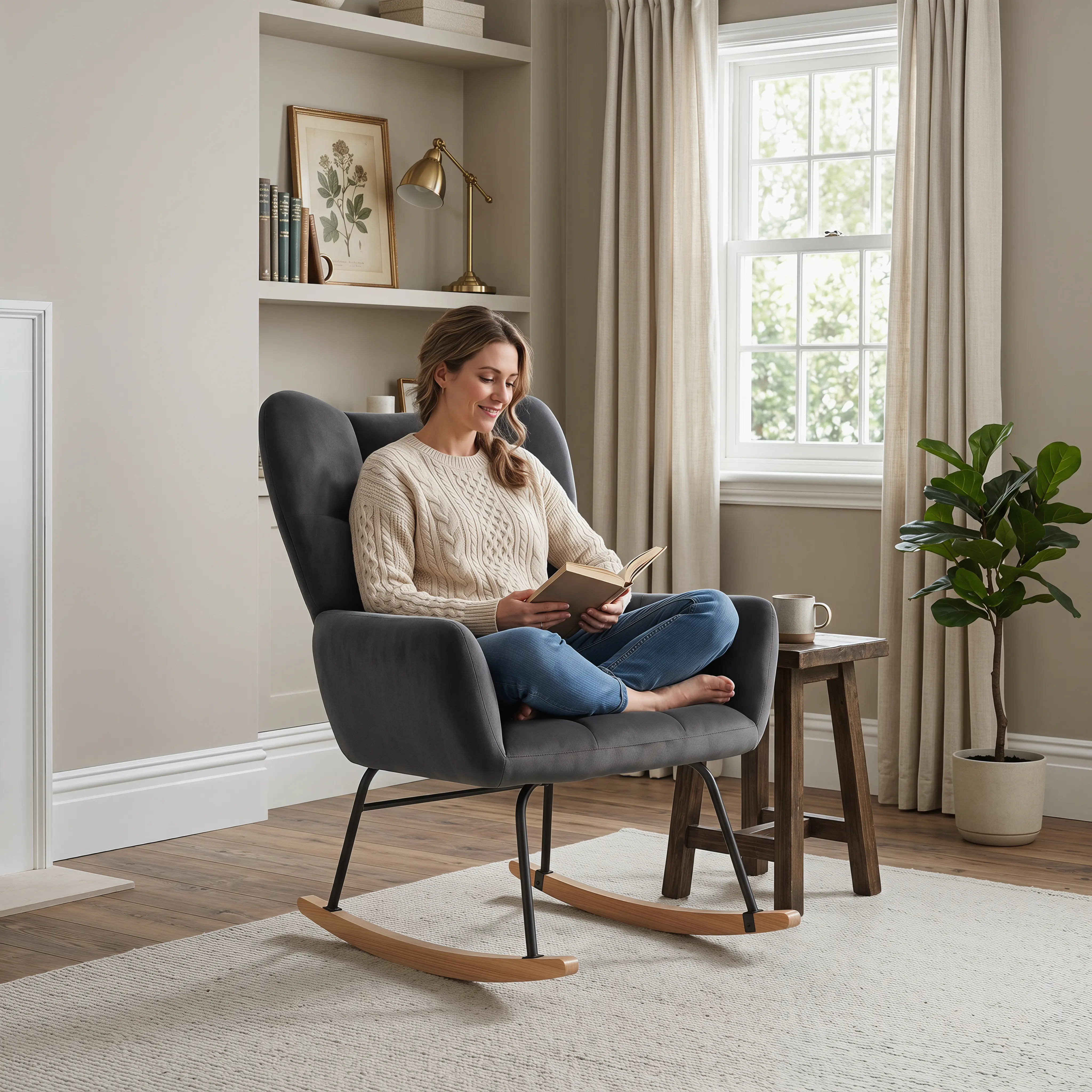 Rocking Chair Nursery, High Back Rocker with Thick Foam Cushions, Heavy Duty Anti-Tip Frame, Plush Fabric; White Pink Grey or Green summergarden