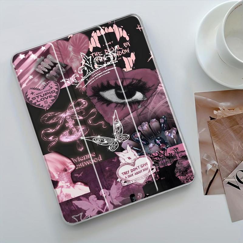 Y2K Pink Gothic Collage Folding Stand Case, Transparent Acrylic Hard Back, Pencil Slot & Charger Slot, Scratch-Resistant Slim Protective Cover for iPad 10.2 2019/2020/2021, Mini, Pro, Air Scratch-resistant ultra-thin protective case, Tablet Casing