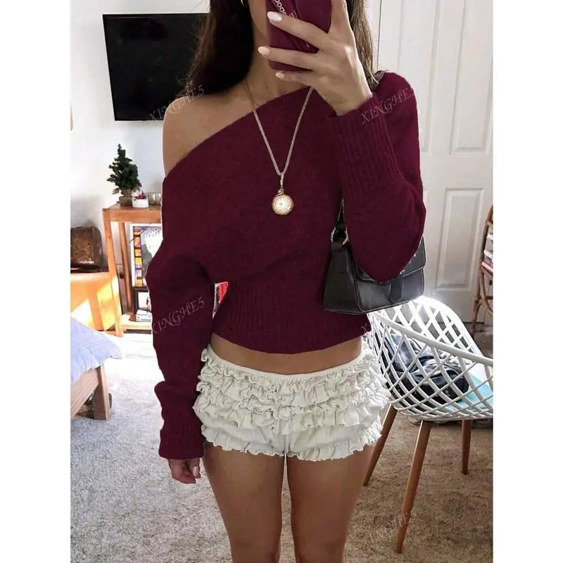 Sexy Open Shoulder Off Shoulder Knit Sweater, Comfortable & Elegant, Suitable For Dating, Daily Gatherings, Casual Travel In Autumn/Winter Can be used with a raincoat