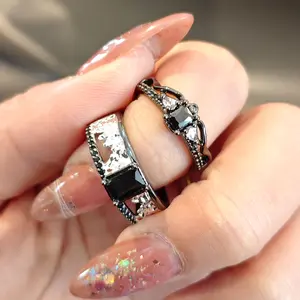 Love And Deepspace Sylus Cosplay Rings Game Intimate Couple Rings Black Gemstone Alloy   Vintage gemstone jewelry with rings cluster engagement Sparkling Zircon Inlay engagement rings