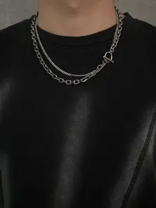 Silver Color Multi-Layer Thick Chain Necklace, Elegant Daily Wear & Party Jewelry, Alloy Material, Plain Pattern, All Seasons