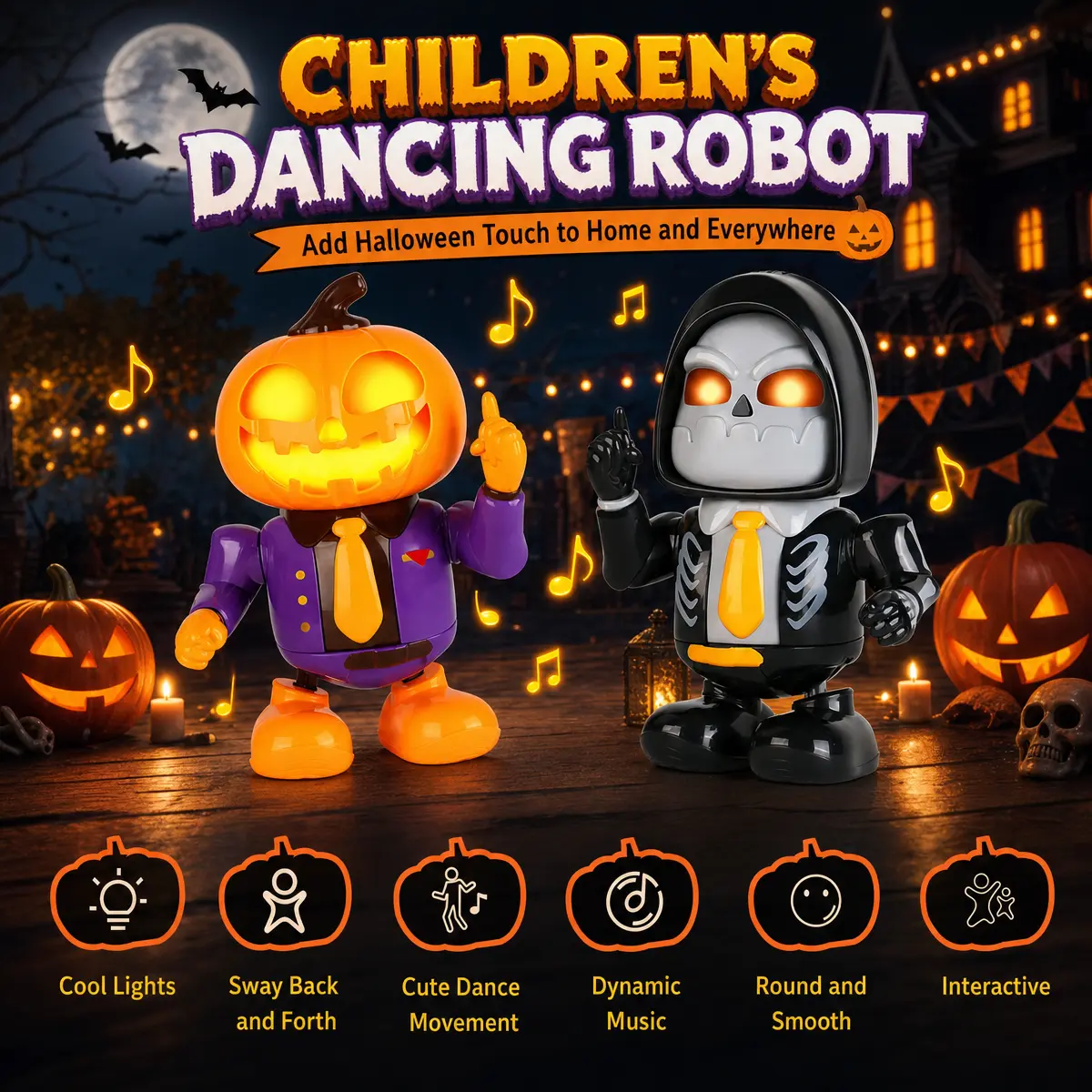 Halloween Dancing Robot Toy, Funny Pumpkin & Skeleton LED Music Dancing Figure, Interactive Holiday Decoration, Christmas Party Gift for Kids & Adults