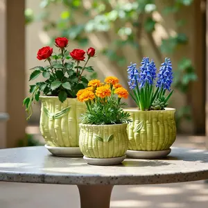 "Rustic Green Bamboo Flower Pots | Decorative Ceramic Planters for Indoor/Outdoor Plants | American Stock"