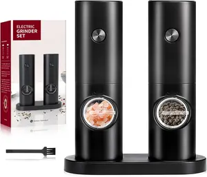 Electric Salt and Pepper Grinder Set (2 Pack), One Hand Adjustable Coarseness, Battery Powered with Stand, Seasoning Tools for Kitchen BBQ Utensils