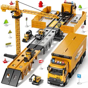 Multifunctional 6 in 1 Construction Truck Toy Playset with Crane Four Cars Road Signs and Ejection Track for Indoor Outdoor Backyard Playroom Birthday Christmas Thanksgiving Gift