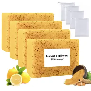 4PCS Lemon KojicAcid Turmeri  Soap Bar, Back to School Summer Face & ,Dark Spot Reducer，Body Wash, Daily Skin Cleanser Sets for Acne-prone Skin, Moisturizing Gentle KojicAcid Soap Bar Set with Soap Saver Bags,Mother's Day gifts, Father's Day gifts