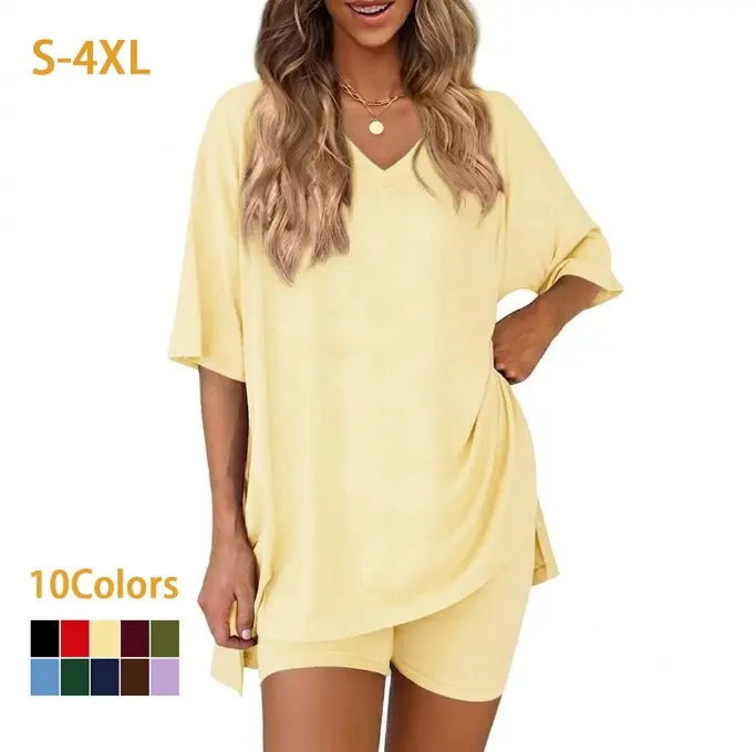 Women's Oversized V Neck Short Sleeve Tee Biker Shorts Pajama Set Casual 2 Piece Lounge Comfy Everyday Lounge Sleepwear Outfits