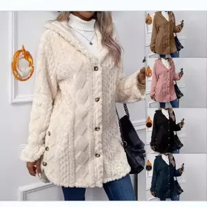 Fleece Sweatshirts Warm Winter Casual Female Geometrical Hoody Button Long Sleeve Flurry Soft Long Cardigan Hooded Coats FYY-958 Jackets Tops
