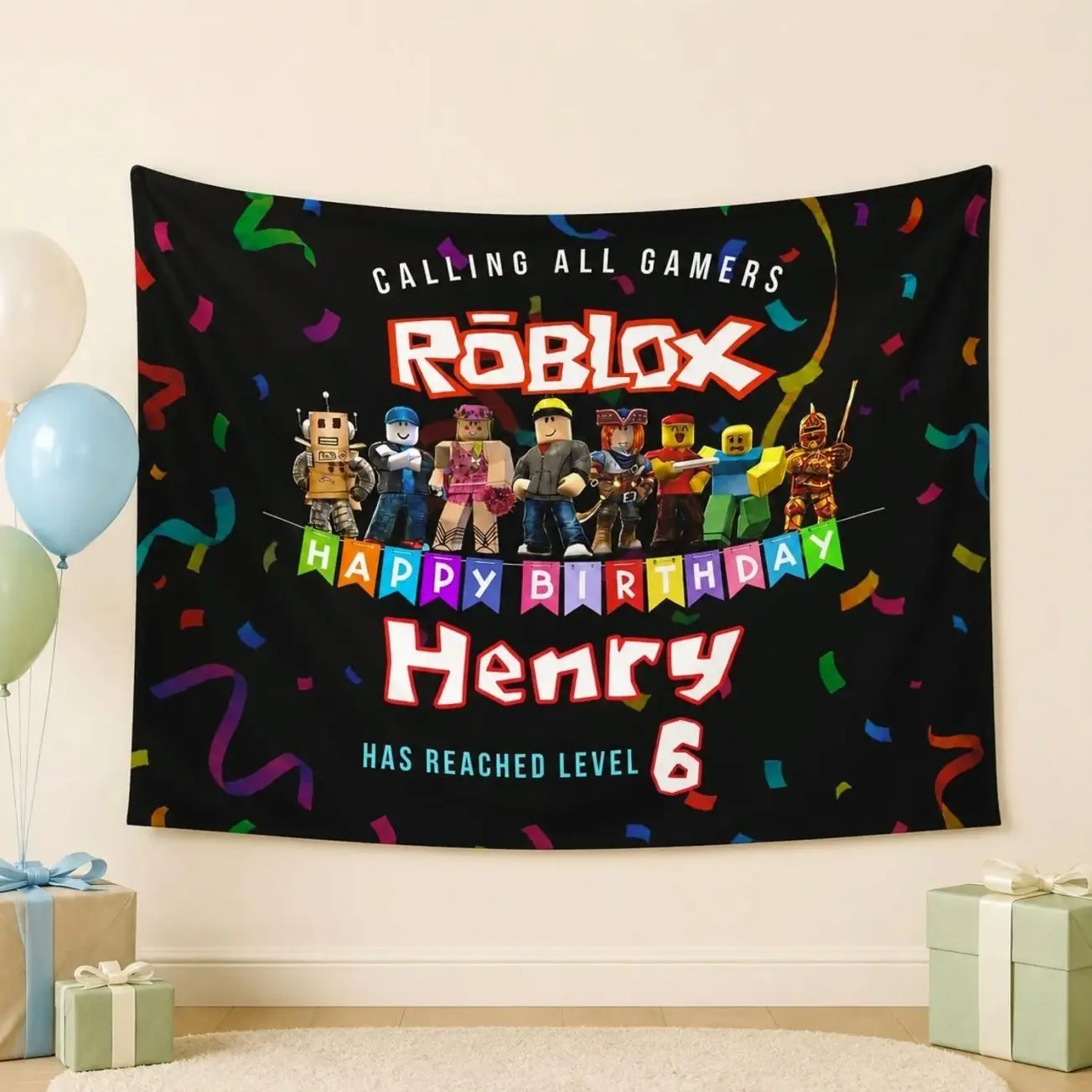 Custom Name Birthday Backdrop, Personalized Gaming Tapestry Banner, Kids Party Wall Decor, Gamer Boy Girl Level Up Birthday Banner