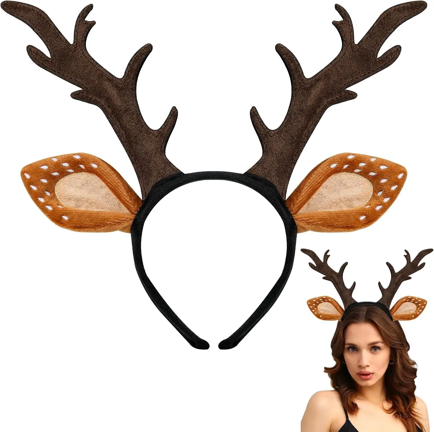 woxafo Deer Antlers Headband, Deer Costume for Women Adults, Cute Reindeer Horns Ears Costume Accessories for Halloween Christmas Cosplay Supplies