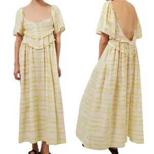 Women’s Summer Casual Long Dress, Elegant Short-Sleeve Low-Cut Backless Solid/Plaid Loose Swing Dress