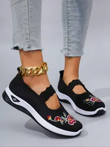 Women's Floral Embroidery Slip on Sneakers, Casual Fashion Shoes, Casual Comfortable Breathable Lightweight Sports Shoes, All-match Commuter Shoes for Work & Daily Wear, Walking Shoes, Slip on Style