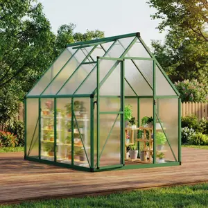 Garvee 6X7 FT Greenhouse for Outdoors, Lockable Door and Ajustable Roof Vent, Polycarbonate Greenhouse with Water Gutter System, Aluminum Walk-in Greenhouses, for Backyard, Lawn (Green, 6x7 FT)