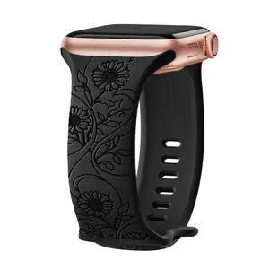 Flower Engraved Silicone Band for Apple Watch Bands 38mm 40mm 41mm 42mm 44mm 45mm 49mm Cute Women Wildflowers Floral Design Soft Sport Strap Replacement Wristbands for iWatch Series 9 8 7 SE/SE2 6 5 4 3 2 1 Ultra 2 Accessories Wearable