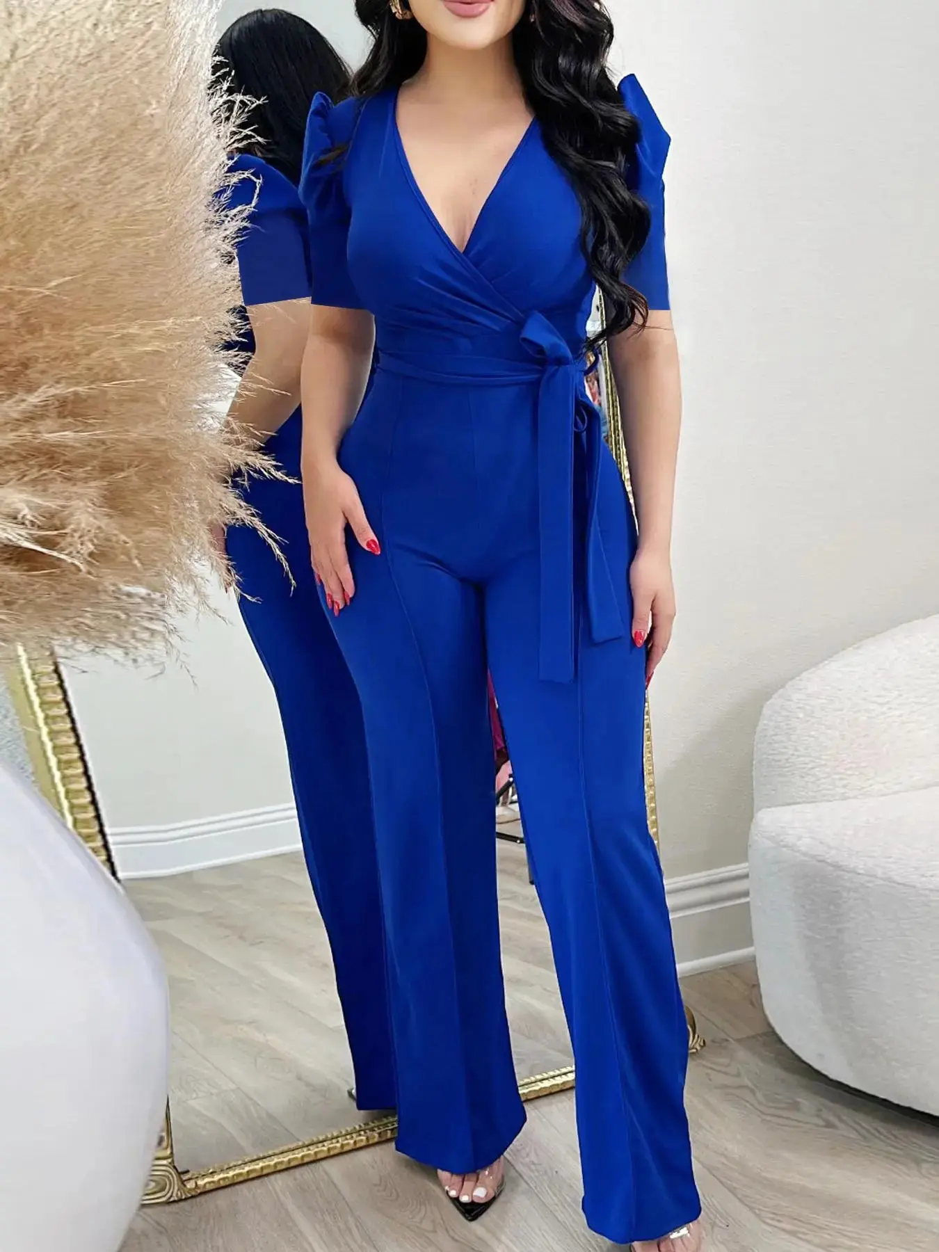 Women's Solid Color Belted Wrap Puff Sleeve Jumpsuit, Elegant Deep V-Neck Straight Leg Jumpsuit, Women's Summer Clothes for Office