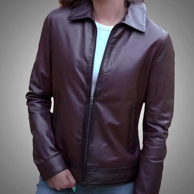 Cuir Jackets Women's Classic Brown Lambskin Leather Long Collar Jacket with Plush Polyester Lining & Functional Pockets - Womenswear Tops Outerwear Fitted Casual Basic Minimalist