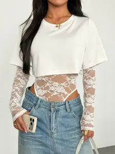Women White Lace Bodysuit Layered Crop Top Floral Mesh Long Sleeve One Piece Bodysuit Sheer Slim Fit Y2K Streetwear Crew Neck Short Sleeve Tee Patchwork Sexy Going Out Outfit Chic Stretchy Transparent Lace Jumpsuit Womenswear