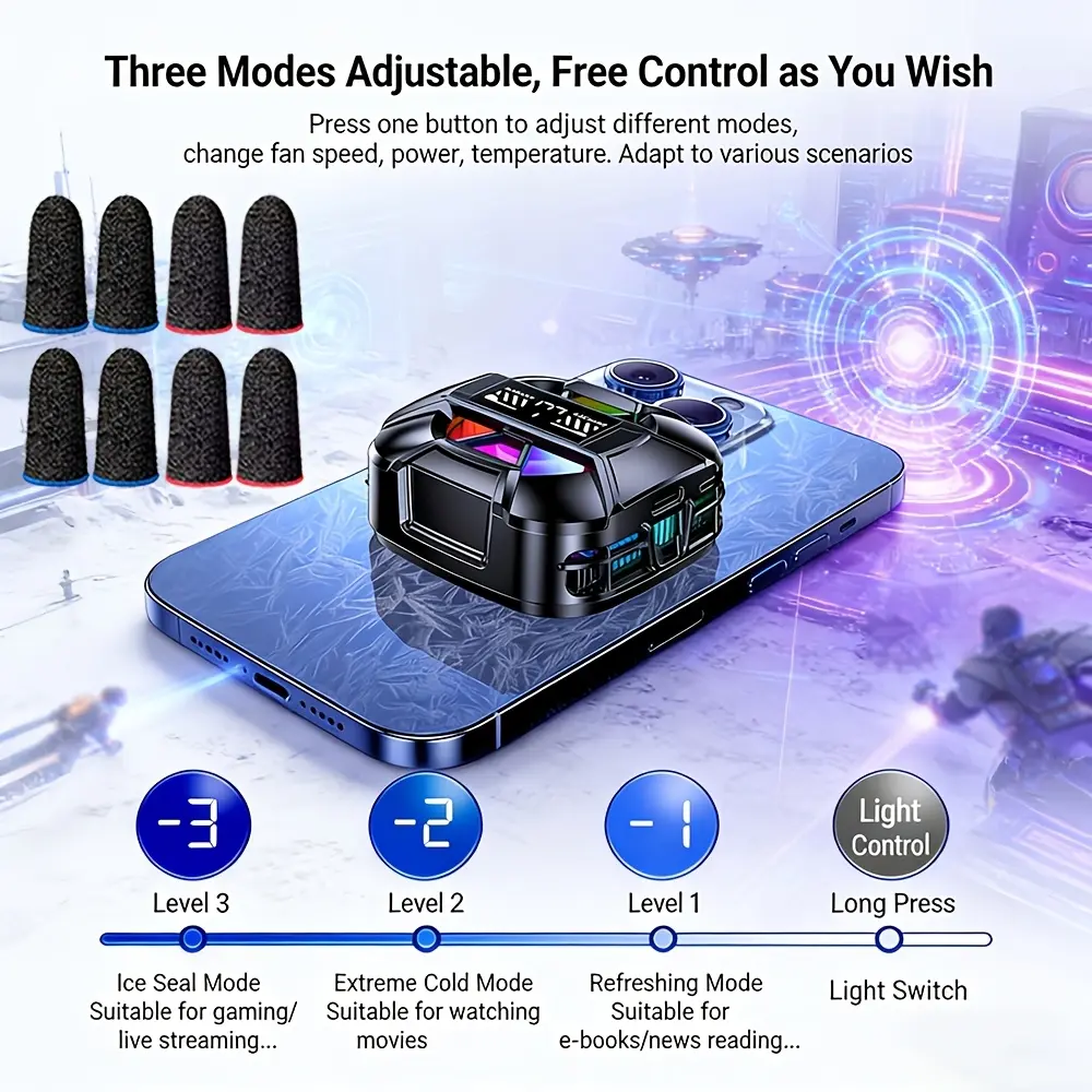AI TL26, 15W POWER Magnetic Back Clip Radiator Fan Gaming Cooler, Three Gear Control, USB-Type-C Port, No-battery, Digital Display, Adjustable Magnetic Base & Spring Clip, Compatible with Android and Apple, with RGB Lighting, 8pcs Finger Cots