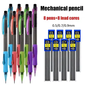 Professional Precision Four-color Side Press Automatic Pencil Set, with 3 Models of Black HB Lead of 0.5 0.7 0.9mm, and Rubber Tail, Suitable for Sketching, Painting, and Office Stationery (8 Pens+8 Boxes of Lead)
