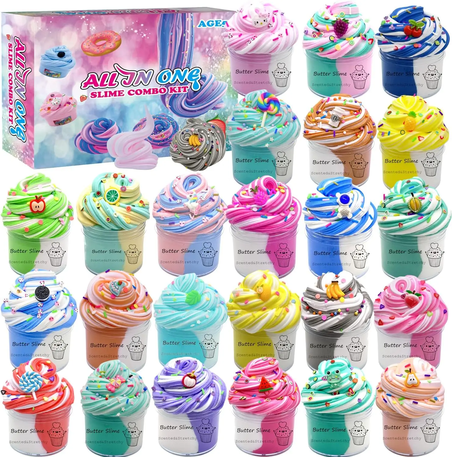 24-Pack Butter Slime Set, Assorted Colors & Designs, Soft Stretchy Slime Party Favors for Kids & Teens