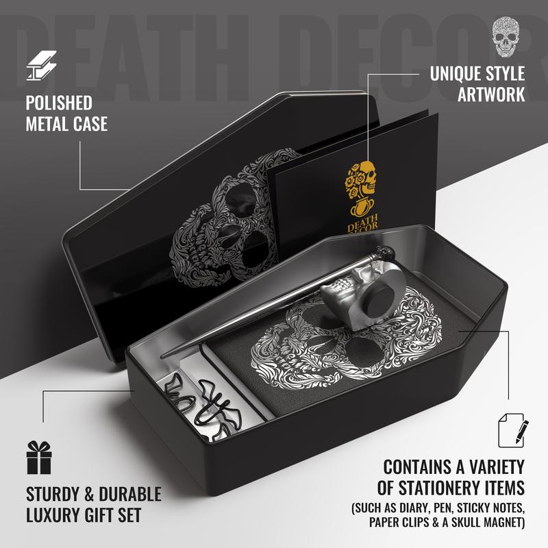 Gothic Skull Stationery Gift Set – Coffin Box with Journal, Pen, Sticky Notes, Magnet, Paper Clips & Gift Card