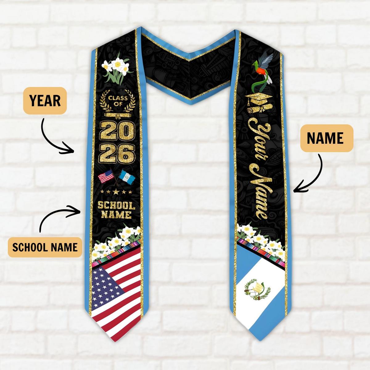 Customized 2026 Guatemalan American Flag Graduation Sash Guatemala Graduation Stole Custom Graduation