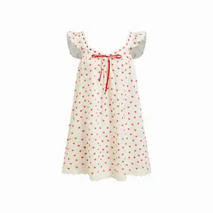 Cider Beige Red Heart Print Nightgown - Ruffled Strap Back Bow Lace Trim Sleepwear for Women