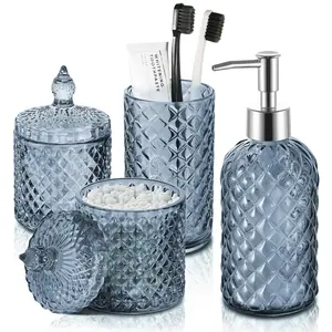 Blue Bathroom Accessories Set  4 Pack Light Decor Accessory Sets Complete Glass Soap Dispenser And Toothbrush Holder For Bath Counter Organizer
