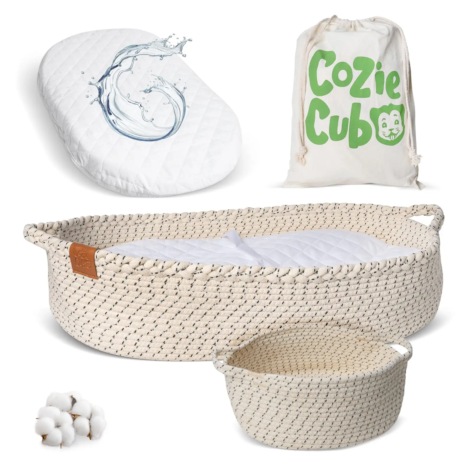 Baby Changing Basket with Diaper Caddy Set – 100% Cotton Rope, Foam Pad with Waterproof Cover, Safety Belt & Protective Rail, Portable Newborn Changin