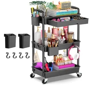Rolling Utility Cart Organizer with  3 Tier  Removable Drawer, Stable and Sturdy Black Rolling Storage Carts with 2 Lockable Wheels for Bathroom, Kitchen, Snack, Craft, Makeup, Baby Essentials