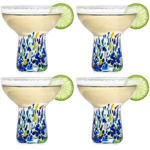 Stemless Margarita Glasses – Set of 4-6oz Luxury Hand Blown Confetti Margaritas, Martini, Cocktails, Water, Wine, Dessert & Champagne Glassware Cinco de Mayo, Hand Blown - Mexican Confetti Glass