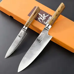 YUANREN 2PCS Gift Series 8'' Culinary Chef Knife+5'' Paring Knife AUS-10 Stainless Steel Damascus 67 Layers Golden Pakka Wooden Handle Mossaic Pin Full Length Tang,Perfect Gifts